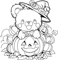 cute baby bear and happy pumpkin Halloween coloring
