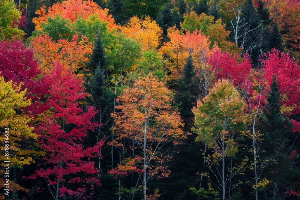 Poster a forest filled with colorful trees showcasing changing autumn foliage, changing colors of leaves on