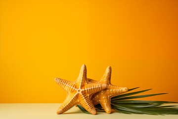 Two starfish on yellow studio background, summer and beach concept