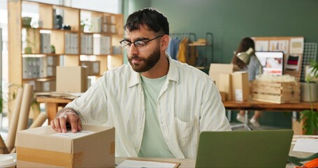 Tailor, box and laptop in small business for inventory check, order and stock. Shipping package,...