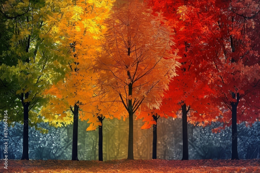 Poster a collection of trees displaying varied hues of leaves in a natural setting, changing colors of leav