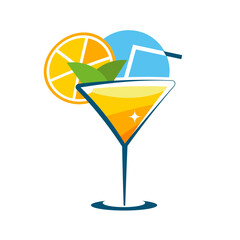 Cocktail in a glass a stylish vector illustration in a hand-drawn style representing a yellow-orange drink with a slice of lemon and a mint leaf.