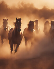 wild horses running in groups through the dust and smoke at river. 