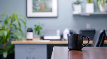 Medical office desk with blank space and coffee mug