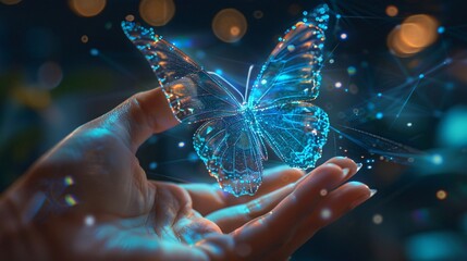 Enchanting Digital Butterfly in Hand Amidst Glowing Lights