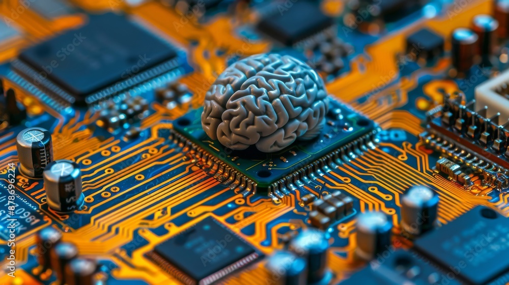 Poster a brain model symbolizes ai technology on a circuit board, blending digital innovation and cuttinged
