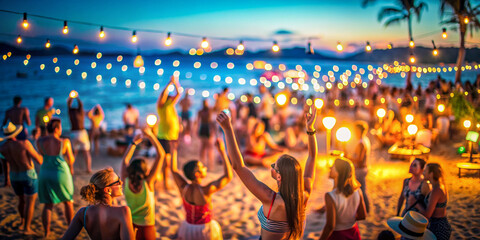 Party beach. Blurred people having night beach party in summer vacation. Bokeh People have fun at sunset on a beach. Concept of nightlife with cocktails and music entertainment.