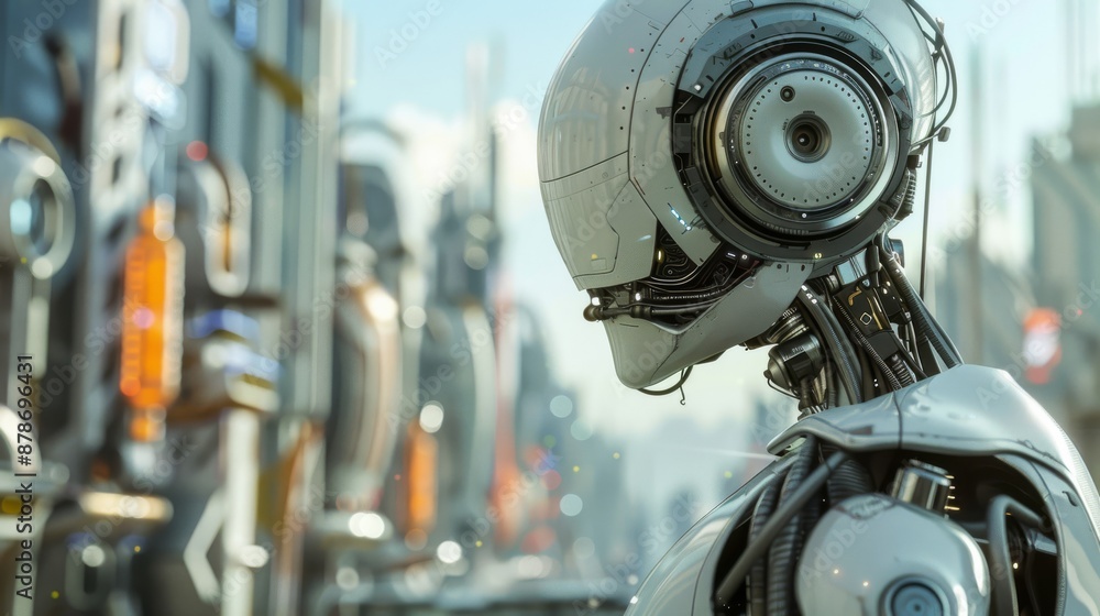 Poster an advanced humanoid robot in a futuristic cityscape with cuttingedge technology, embodying science 