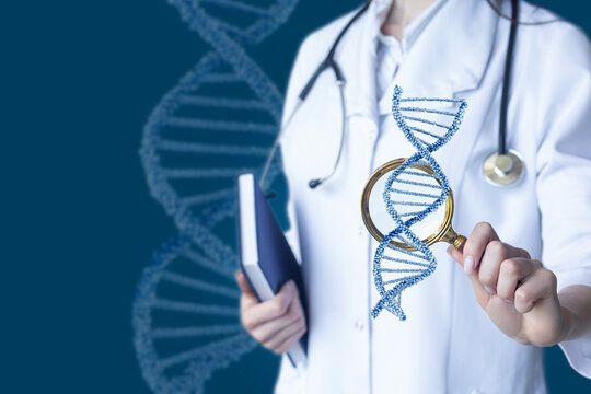 Doctor studying the molecule DNA with a magnifying glass . - Powered by Adobe