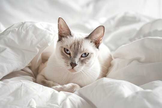 portrait of a Khao Manee cat breed, with white background