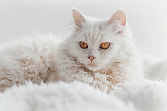 portrait of a LaPerm cat breed, with white background