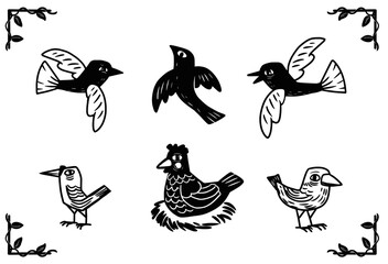 Various birds in woodcut style.