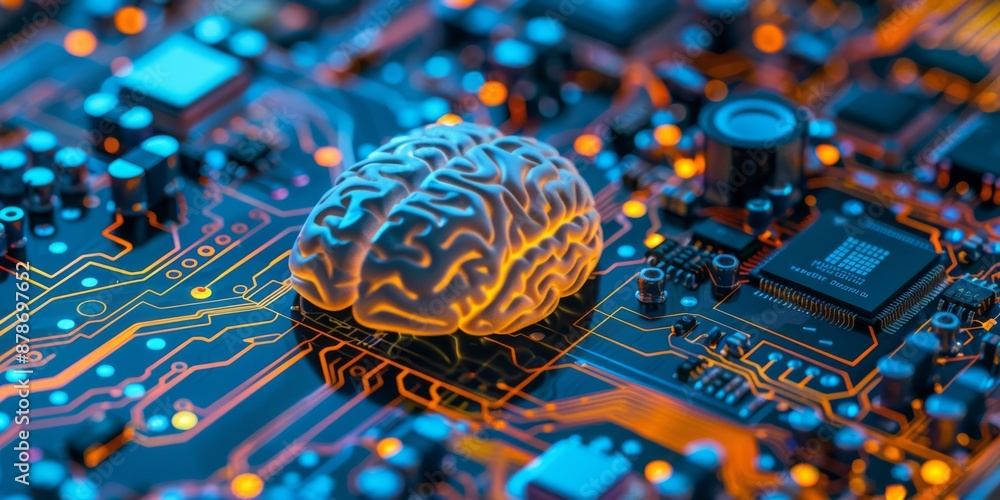 Poster a brain model symbolizes ai technology on a circuit board, blending digital innovation and cuttinged