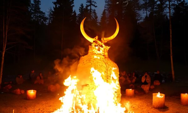The devil has risen. Halloween concept. Hell demon, evil character on fire.