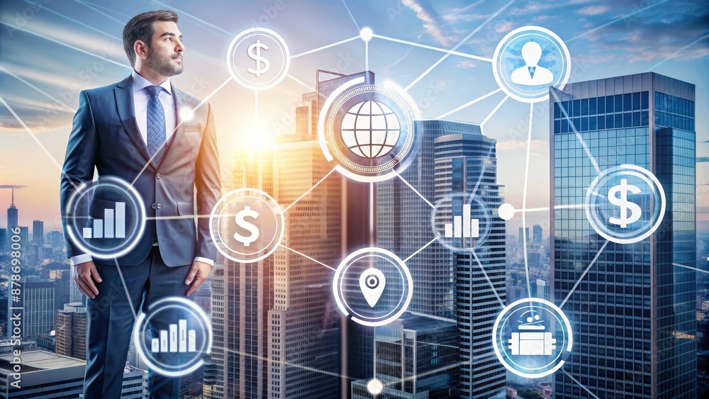 Poster businessman standing in front of a cityscape with a network of icons representing business concepts 