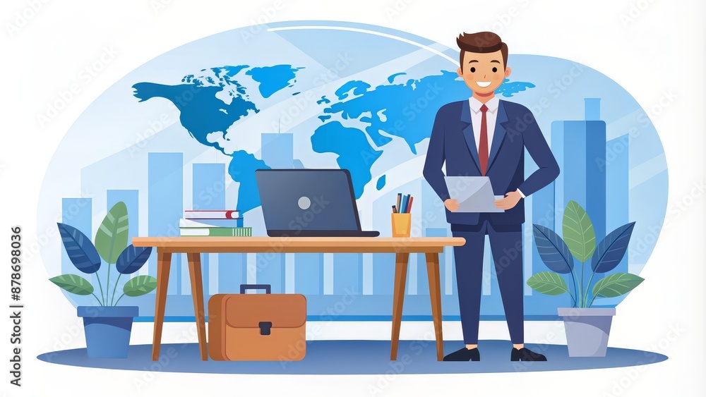 Poster smiling businessman with a world map background - a smiling businessman in a suit stands confidently