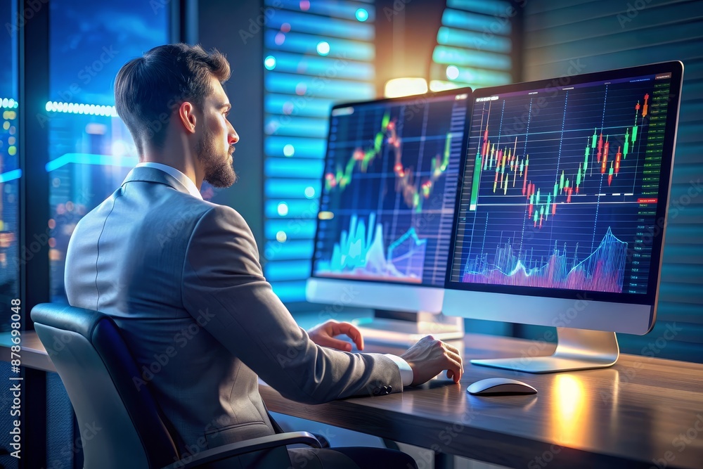 Poster businessman analyzing stock market data on his computer - a businessman is working at his desk, anal