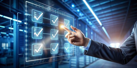 Fototapeta premium Businessman Completing Tasks on Digital Interface - A businessman's hand interacting with a digital interface, completing tasks marked with checkmarks, symbolizing successful project completion, progr