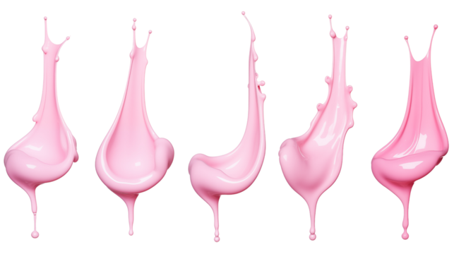Set of splashes of pink milky liquids similar to smoothie, yogurt or cream transparent background.