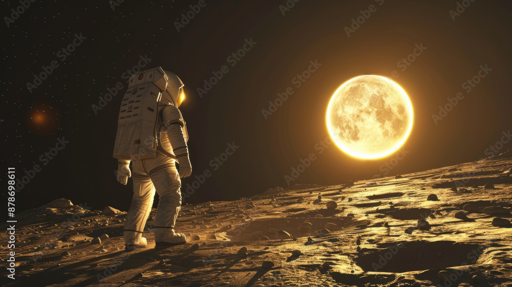 Poster an creative image of an astronut on moon with the sun shining on the moon, generative ai