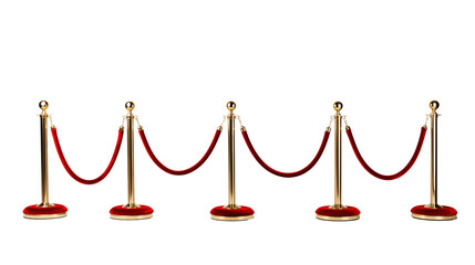 Set of stanchions with red velvet ropes transparent background.