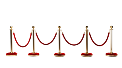 Set of stanchions with red velvet ropes transparent background.