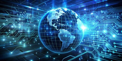 Fototapeta premium Global Network Connectivity - Digital World - A 3D rendering of a digital globe with circuit board design around it to demonstrate the connectivity of the world.