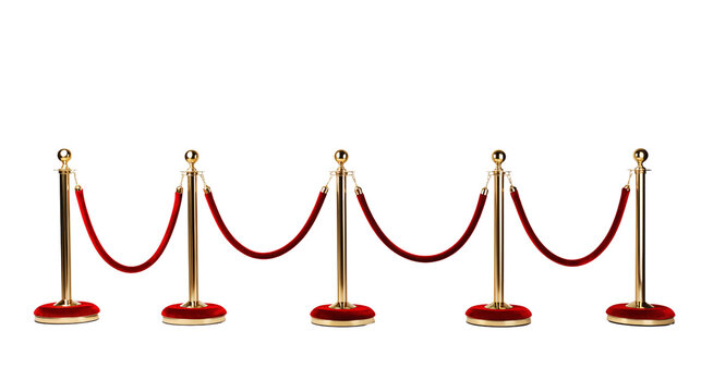 Set of stanchions with red velvet ropes transparent background.