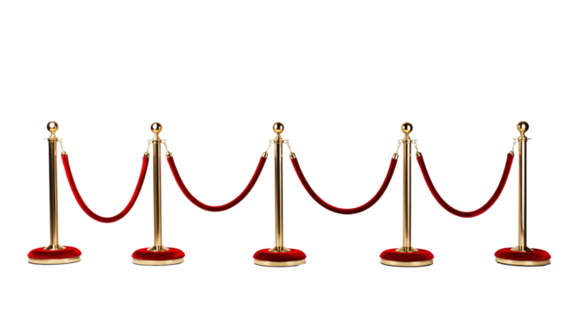 Set of stanchions with red velvet ropes transparent background.