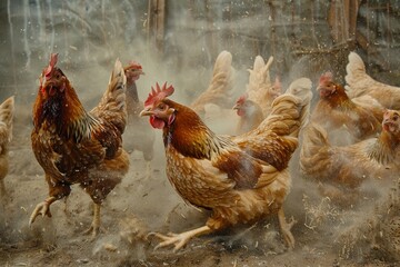 A group of chickens are energetically running in the dirt, scratching and pecking as they move around, Chickens scratching and pecking in a dust bath