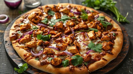 A close-up of a delicious chicken tikka masala pizza on a wooden cutting board