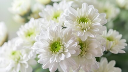 White chrysanthemums bouquet on flower card background in close up