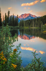 Tranquil mountain lake reflecting dramatic sunset sky with yellow wildflowers