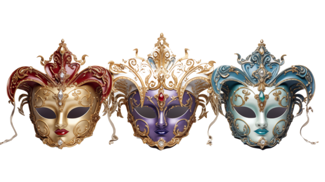 Set of venetian opera carnival masquerade masks transparent background.