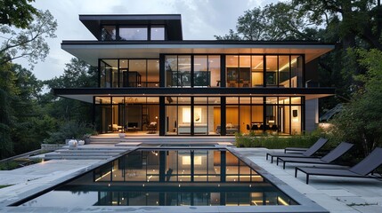 Fototapeta premium Modern two-story house with glass facade and pool in a forested area. Architectural photography with tranquil outdoor setting. Contemporary living and nature concept for design and print.