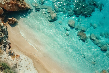 A stunning aerial view of a pristine beach with turquoise waters and rugged coastline, ideal for travel and nature backgrounds. high quality