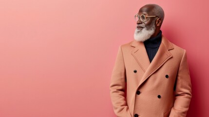 Fototapeta premium A man in a brown coat gazes to the side with a contemplative expression