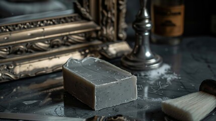 Antique shaving set with old razor and grey soap 