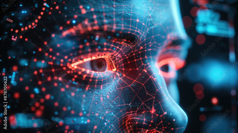 Poster facial recognition technology, face with data of ai biometric system, 3d digital scanning and identi