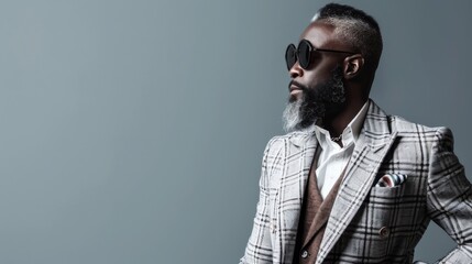 Fototapeta premium A man wearing a checkered suit and sunglasses looks to the side
