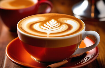 Black cup of cappuccino with latte art of heart tree leaf shape on saucer on concrete background. Breakfast drink