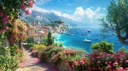Old path at seaside city in Italy in summer, beautiful street with flowers and houses against sea, sky and mountains. Concept of garden, beach, resort and travel