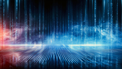 Abstract visualization of information and data exchange, data flow, digital code data streaming on a dark, reflected on the black mirror