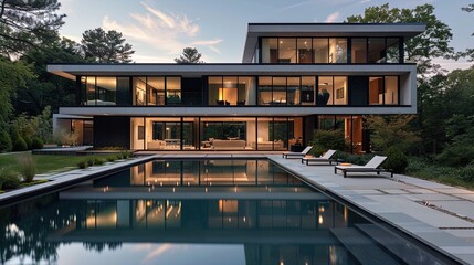 Obraz premium Modern luxury house with glass walls and outdoor pool surrounded by greenery. Architectural photography with bright blue sky. Contemporary living and outdoor relaxation concept for design and print.