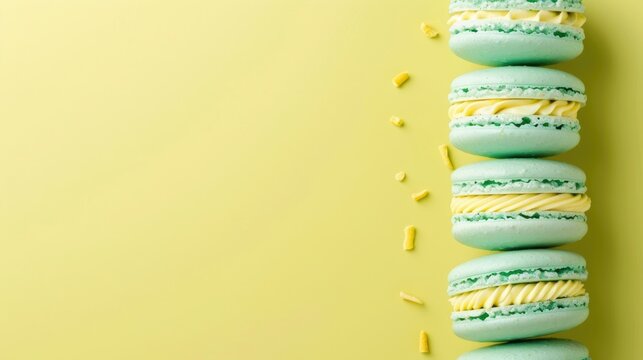 French macarons filled with mint buttercream on green yellow background with text area