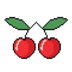 Pixel Graphic Cherry . Vector illustration isolated on white background. Fruit pixelated for the pixel art game and icon for website and video game.