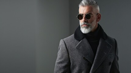 Fototapeta premium A man in a grey coat and sunglasses looks thoughtfully to the side