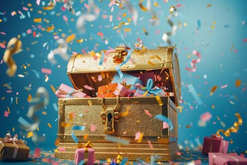 A golden treasure chest overflowing with birthday gifts and confetti