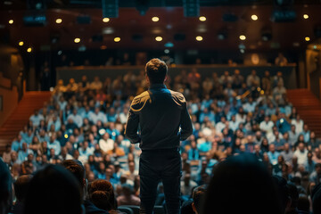 Audience gathering at a conference with a speaker on stage, emphasizing the importance of public speaking and knowledge.