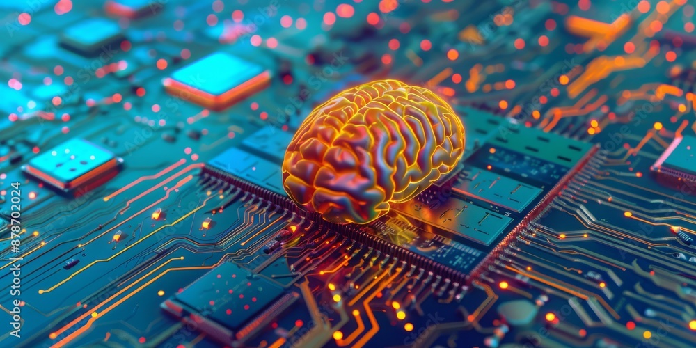 Poster a brain model symbolizes ai technology on a circuit board, blending digital innovation and cuttinged